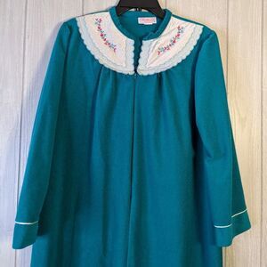 Vtg Heather Collection Long Robe Aqua Blue Embroidered Trim EUC SZ M